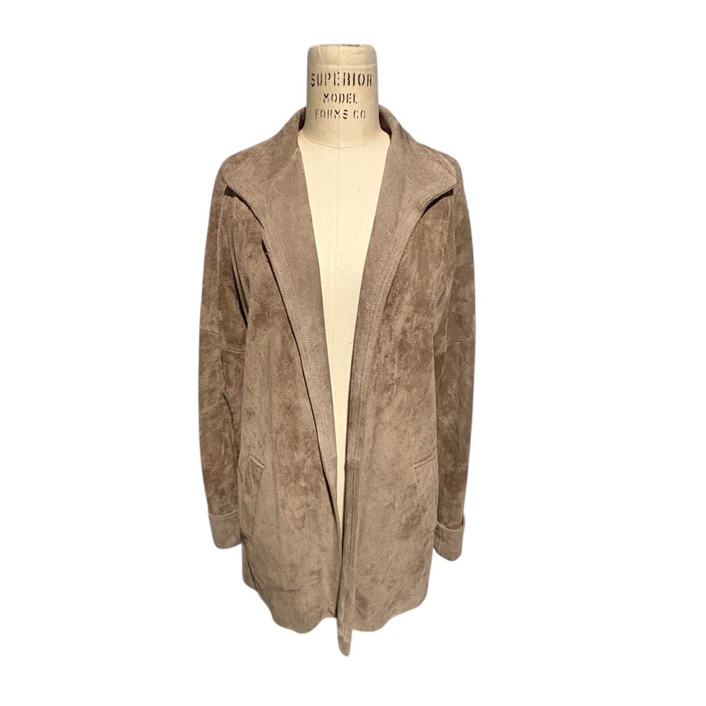 Vintage 80s BG Street Suede Leather Open Front Cardigan Jacket Taupe Women Small